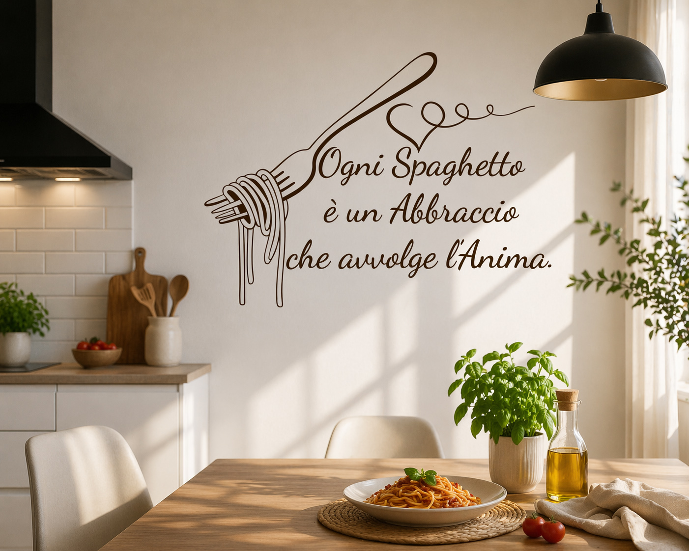 adesivi murali cucina moderni applicati su parete sopra tavolo da pranzo