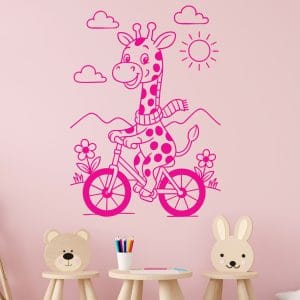 Adesivo per cameretta giraffa per bambini in bicicletta fucsia su parete rosa