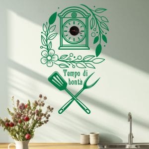 Orologio da parete cucina moderno verde in vinile con design floreale e scritta decorativa su sfondo chiaro.