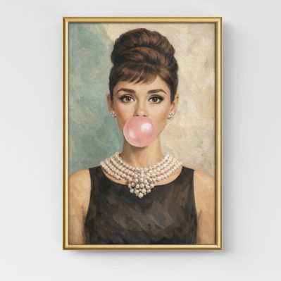 Quadro Donna Elegante Glamour 60x40 con effetto dipinto a olio e cornice oro stampata su tela.