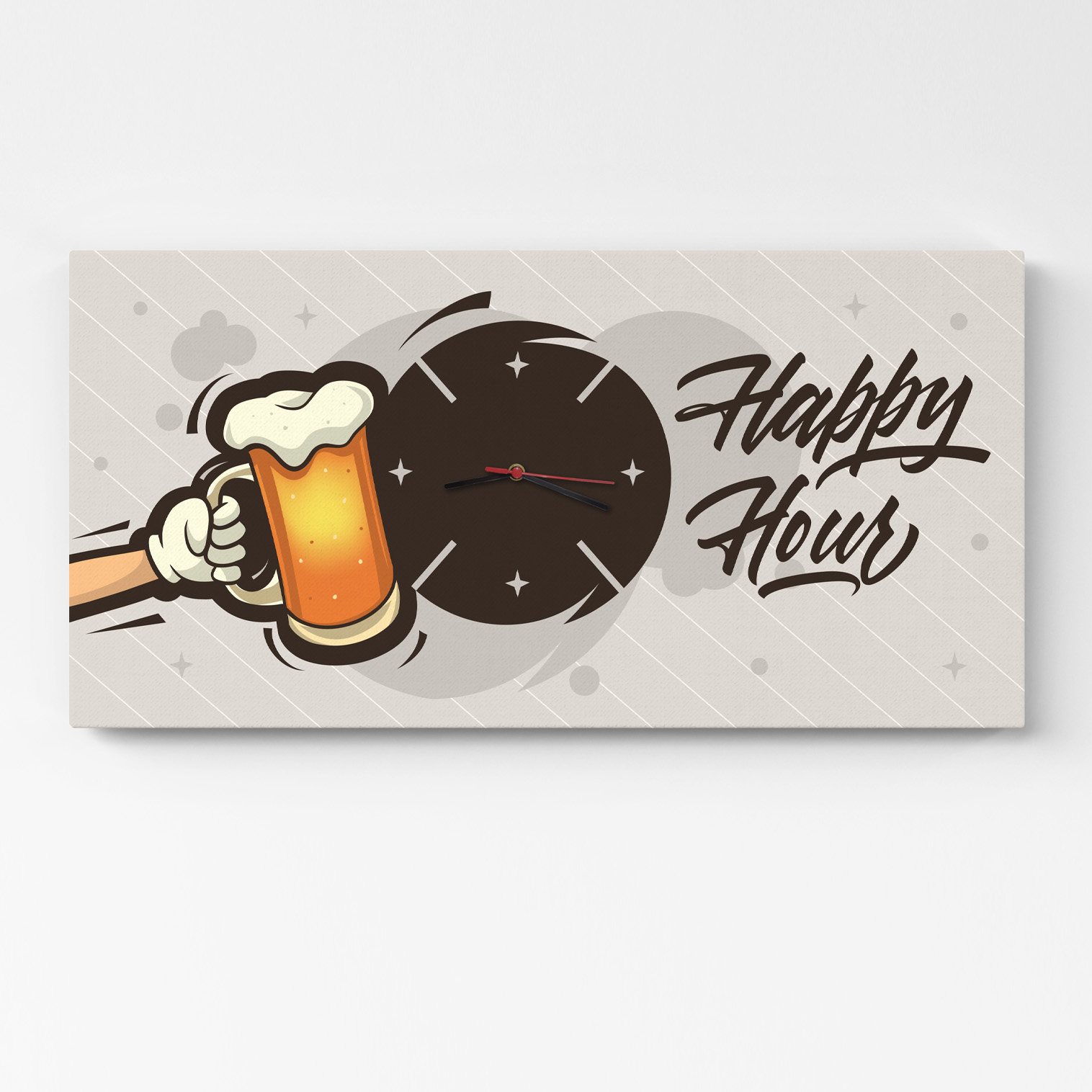 Orologio da parete Happy Hour su tela con grafica birra decorativa