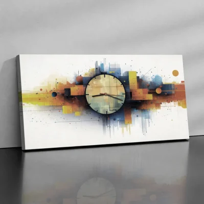 Orologio da parete moderno astratto su un quadro su tela da 80x40 con design geometrico colorato e quadrante centrale