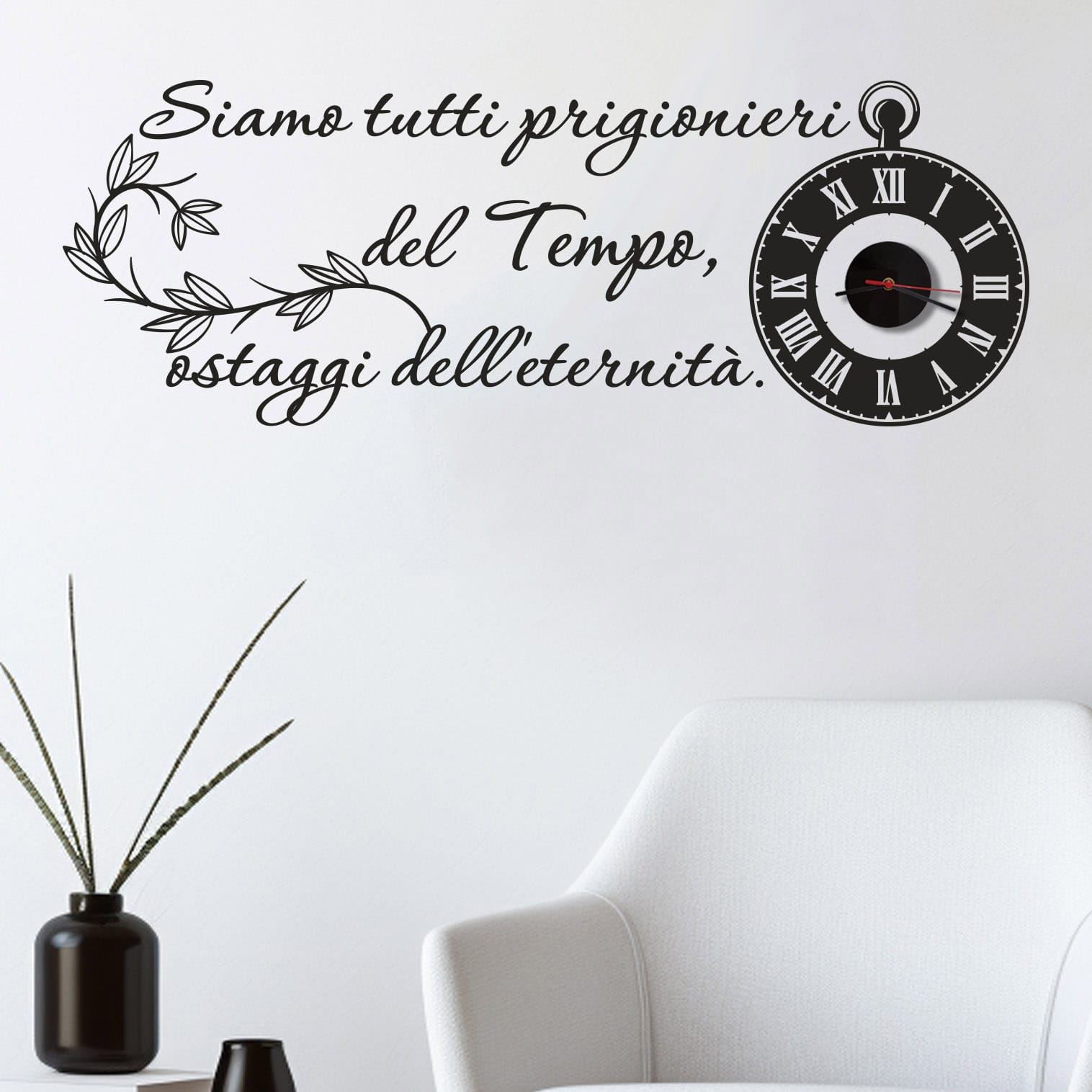 Orologio per la casa con stickers murali neri e frase decorativa con orologio da parete.