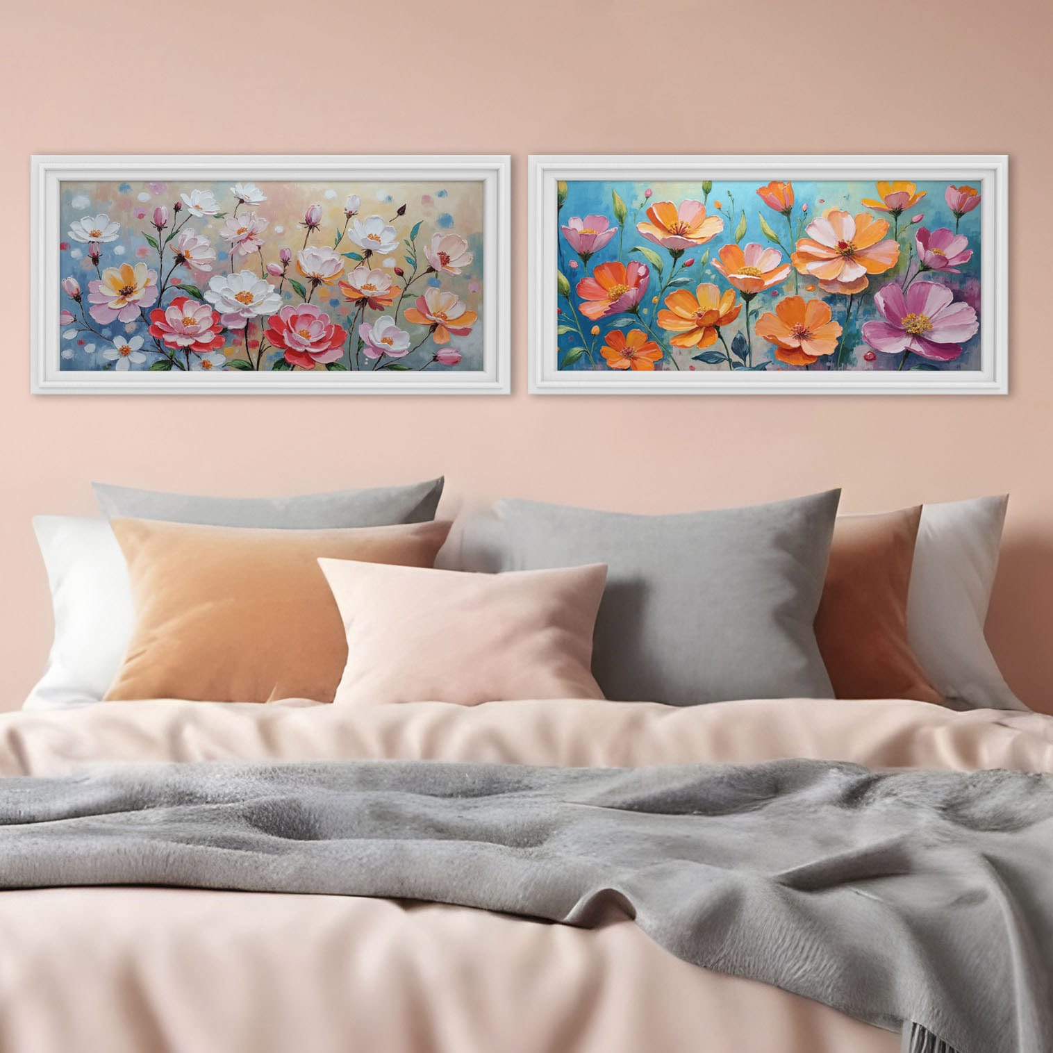 Quadri Floreali per Camera da Letto moderni appesi sopra il letto.