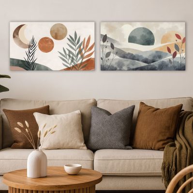 Quadri boho moderni sopra divano in soggiorno con arredamento beige e naturale