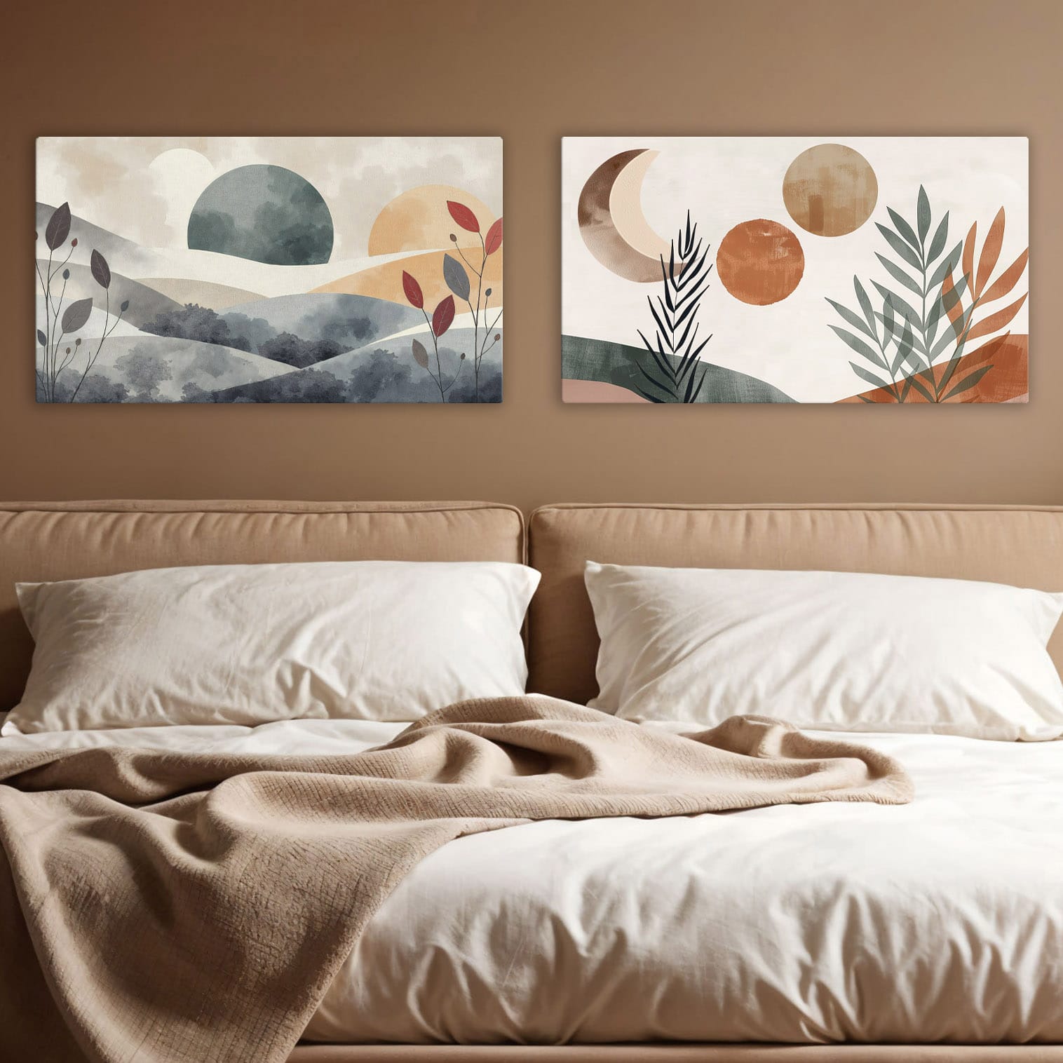 Set di quadri boho moderni sopra il letto in camera da letto con arredamento neutro