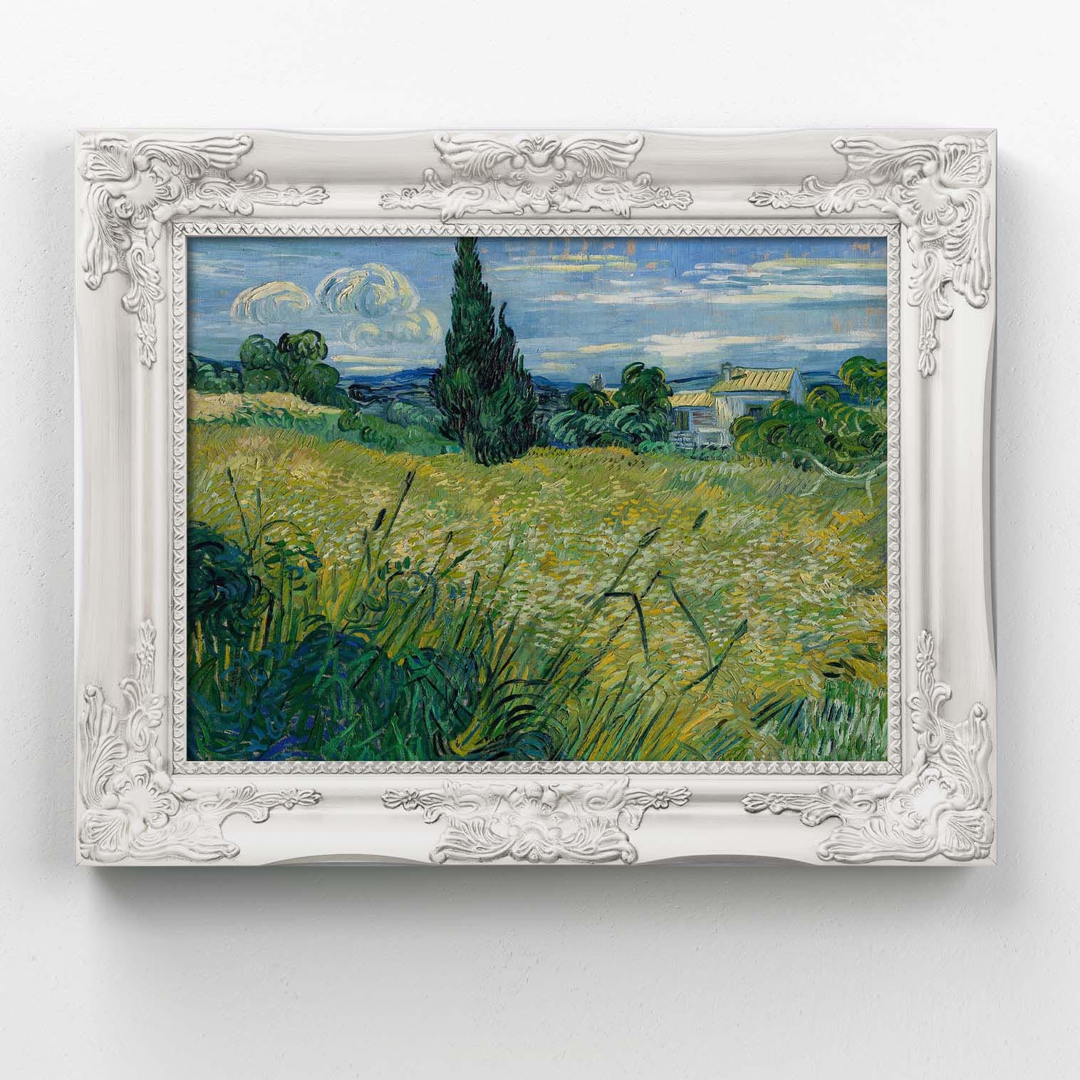 Riproduzione su tela del quadro Van Gogh Campo di grano con cipresso con cornice decorativa.