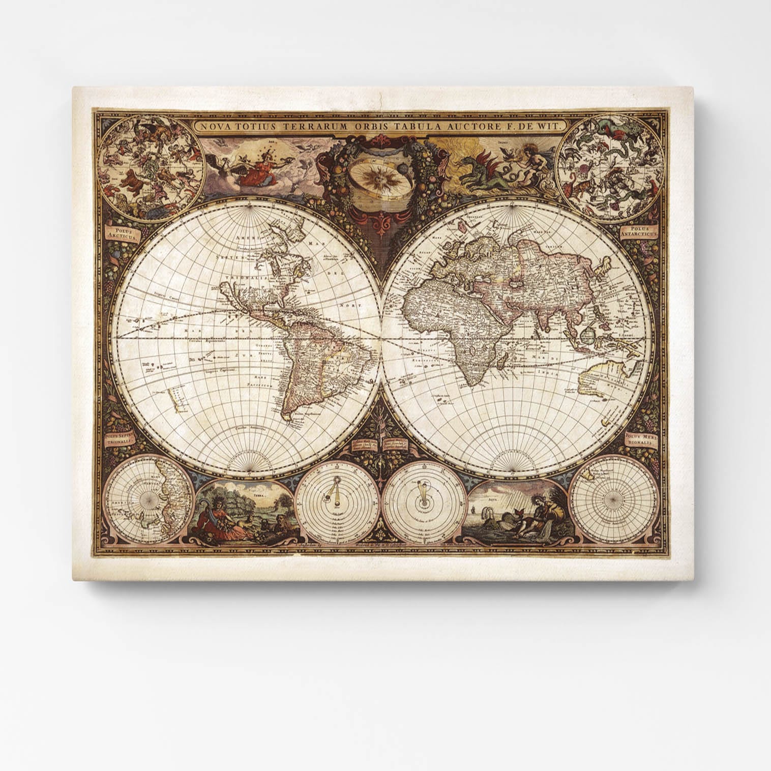 Quadro mappa del mondo antica su tela con planisfero vintage decorativo.