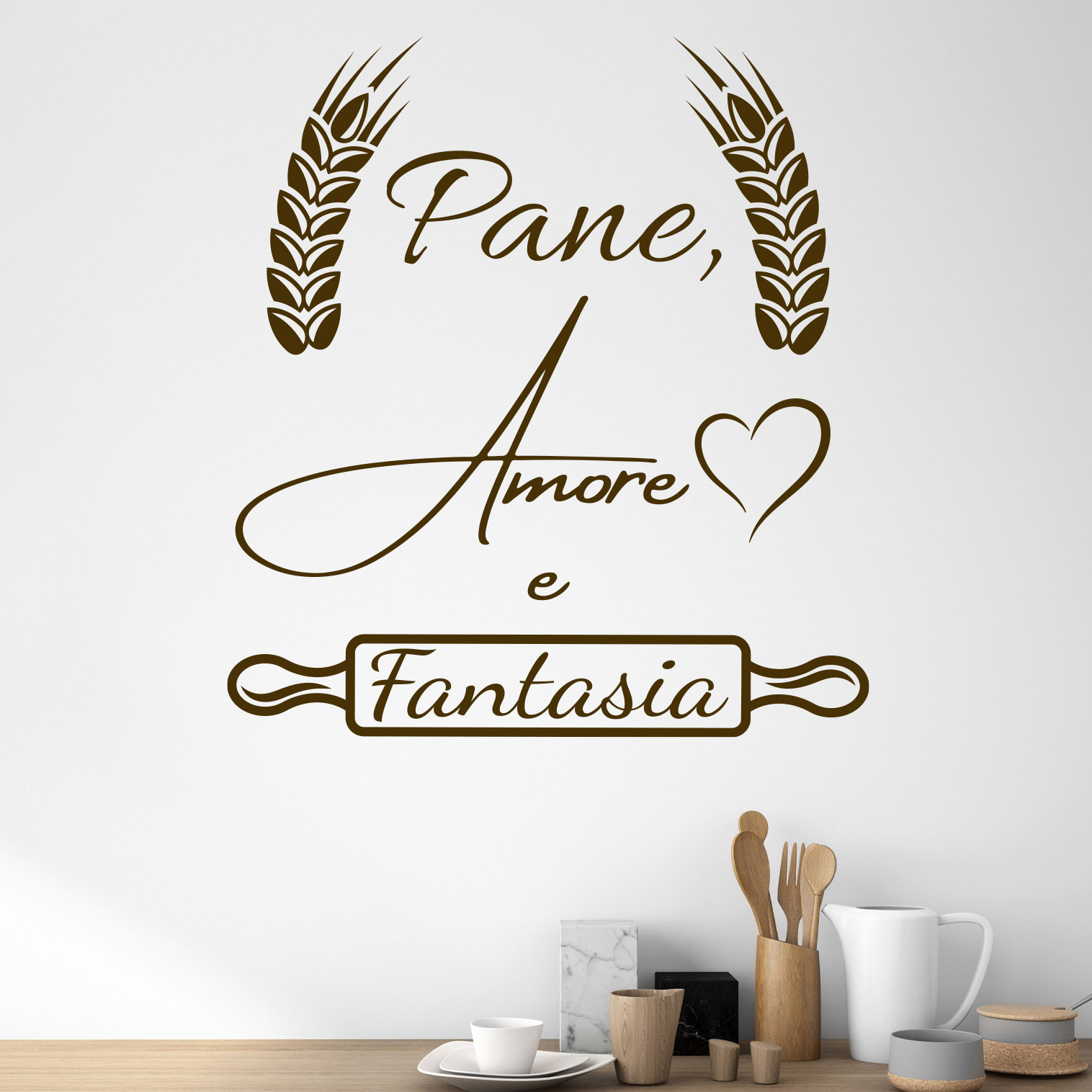 Scritta adesiva cucina moderna con spighe di grano e mattarello per decorazione cucina