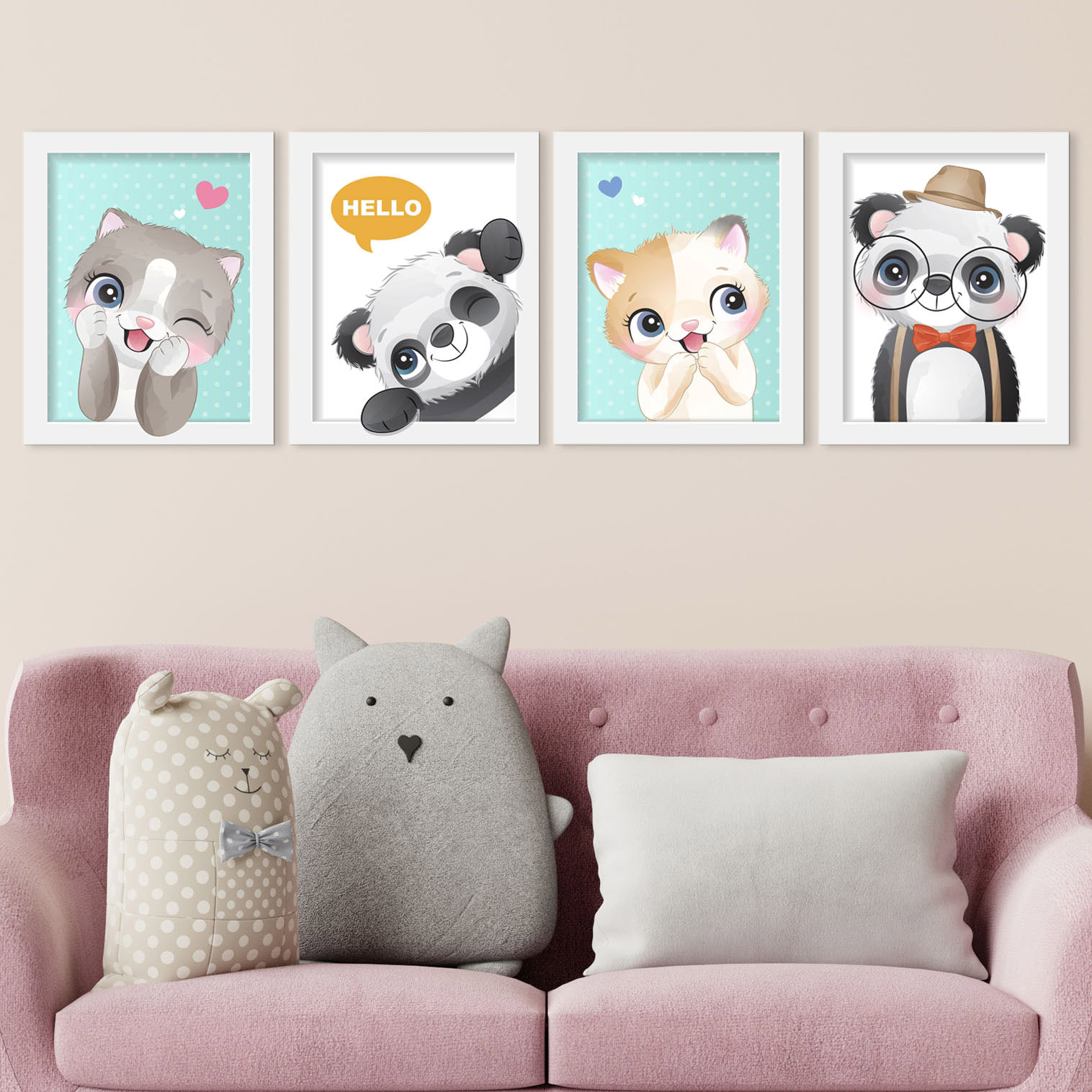 Set quadri cameretta bambini con animali panda e gattini decorativi