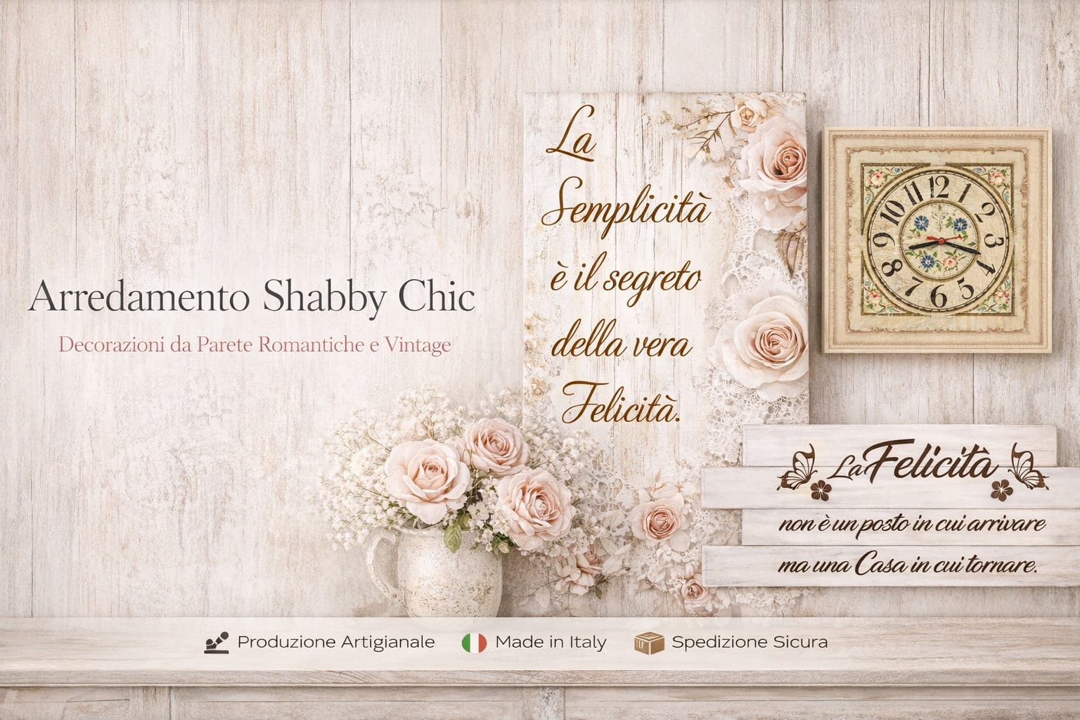 Arredamento shabby chic con quadri, orologio vintage floreale e decorazioni murali romantiche