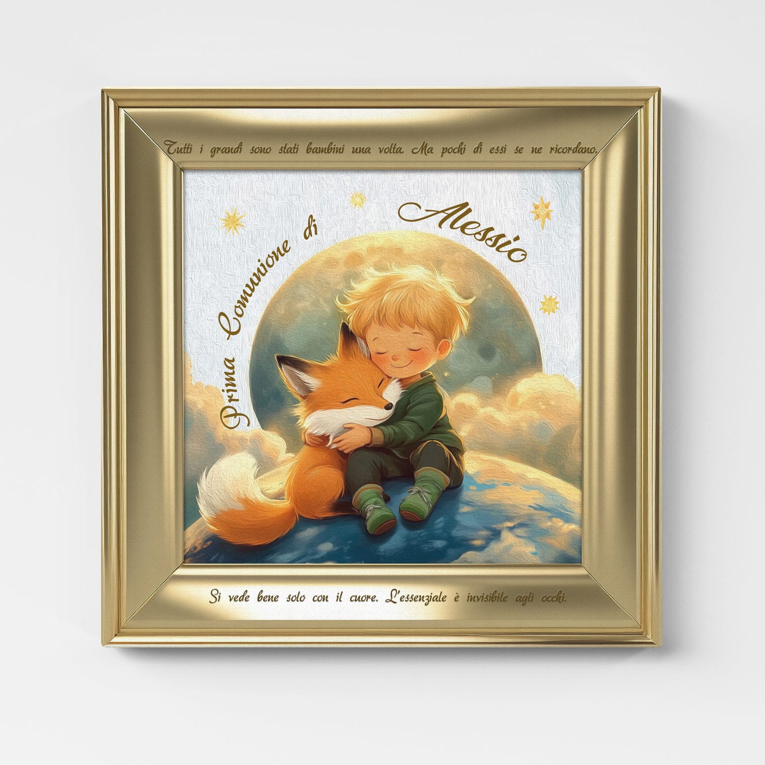Quadretto prima comunione personalizzato con nome stampa su tela 20x20 effetto cornice oro
