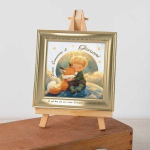 Quadretto prima comunione personalizzato con nome su tela 20x20 effetto cornice oro su cavalletto