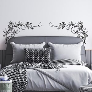 Adesivi testata letto floreale neri decorazione parete camera da letto stile moderno