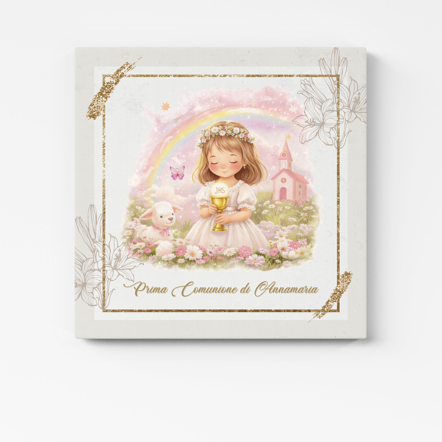 Quadretto prima comunione bambina personalizzato con nome e illustrazione delicata