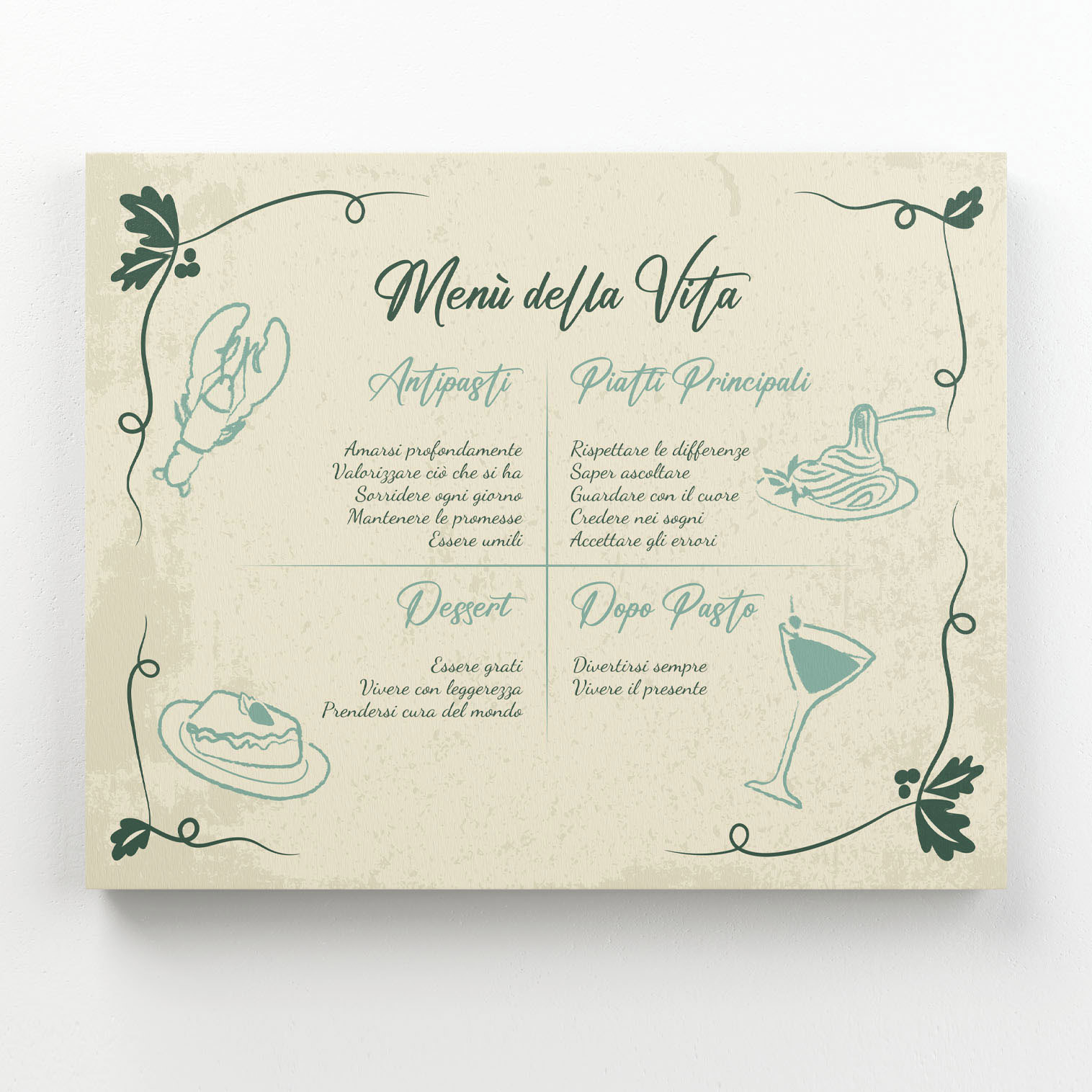 quadro cucina shabby chic con scritte Menù della Vita su tela decorativa elegante