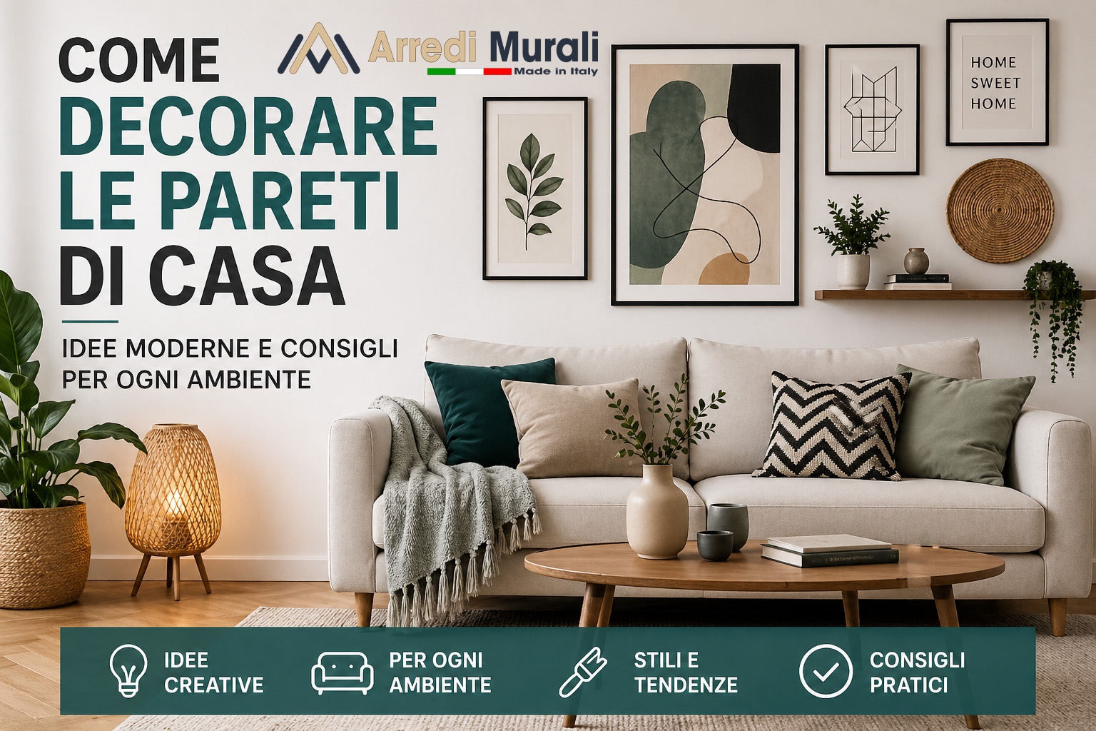 Come decorare le pareti di casa con quadri moderni e decorazioni murali in un soggiorno elegante e contemporaneo