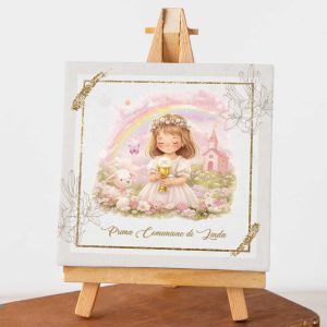 Quadretto prima comunione bambina personalizzato su tela 20x20 con illustrazione bambina, calice e decorazione delicata