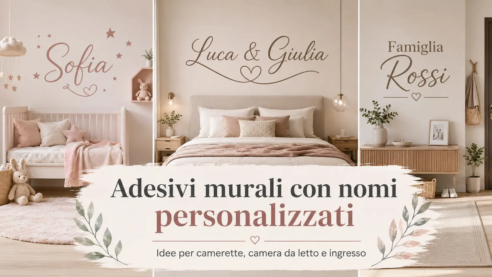 Adesivi murali con nomi personalizzati applicati in cameretta, camera da letto e ingresso di casa.