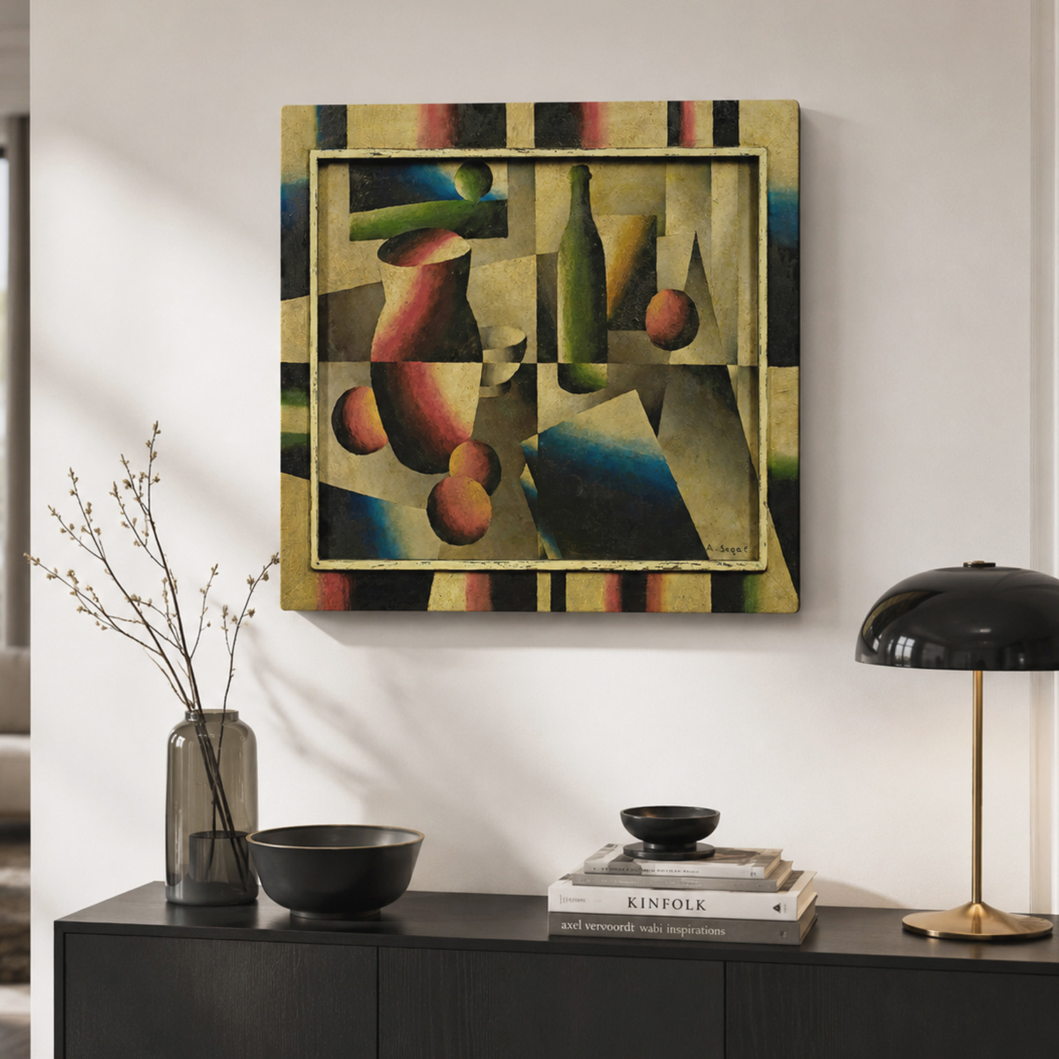 Quadro Arthur Segal Natura Morta cubista appeso in soggiorno moderno con arredamento elegante.