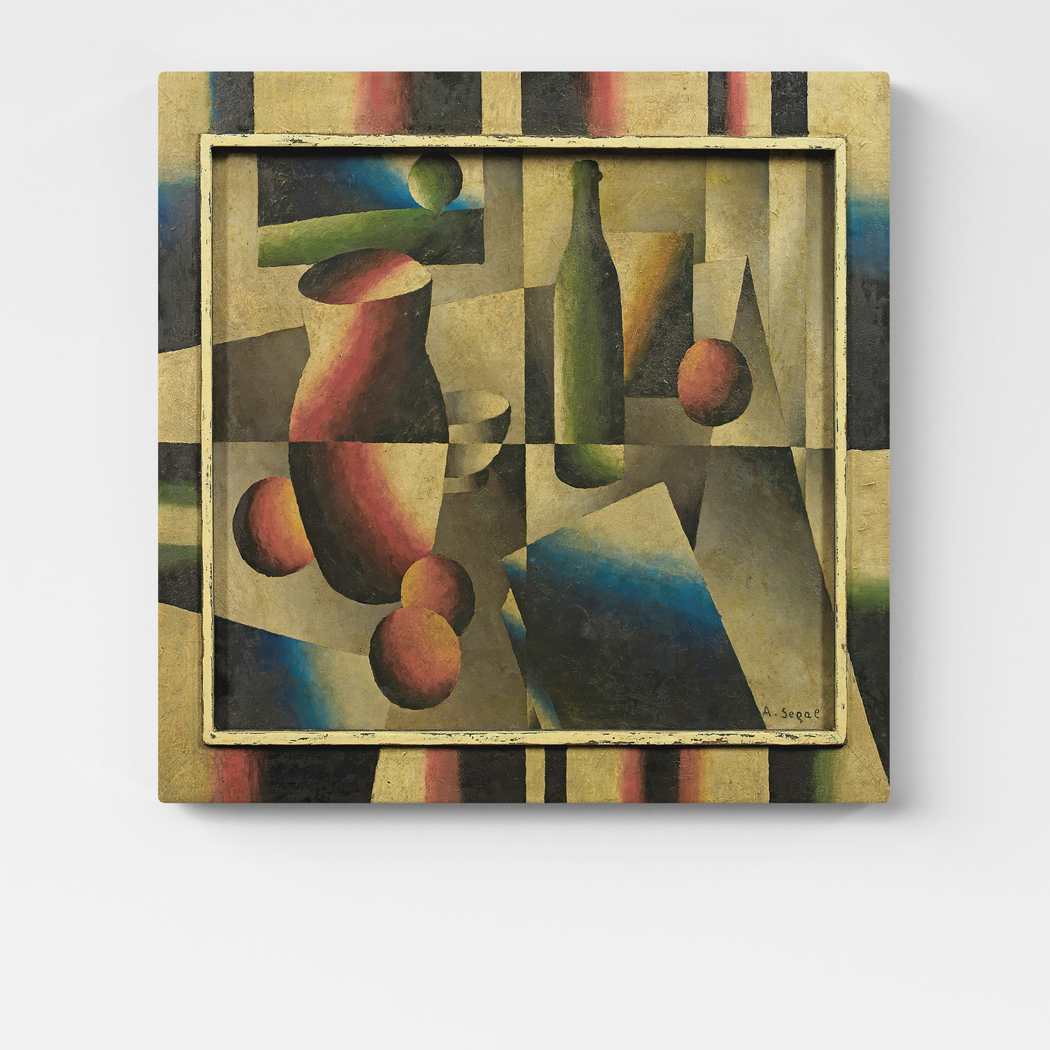 Quadro Arthur Segal Natura Morta con bottiglia e forme geometriche in stile cubista vintage.