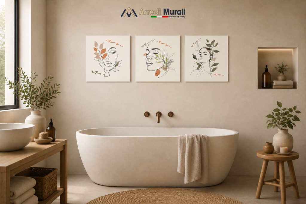 Bagno moderno con tre quadri line art sopra la vasca