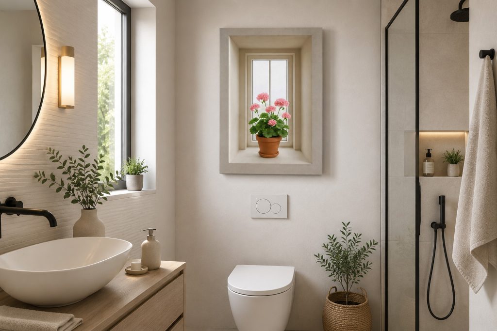 Quadro effetto finestra con fiori per decorare un bagno piccolo