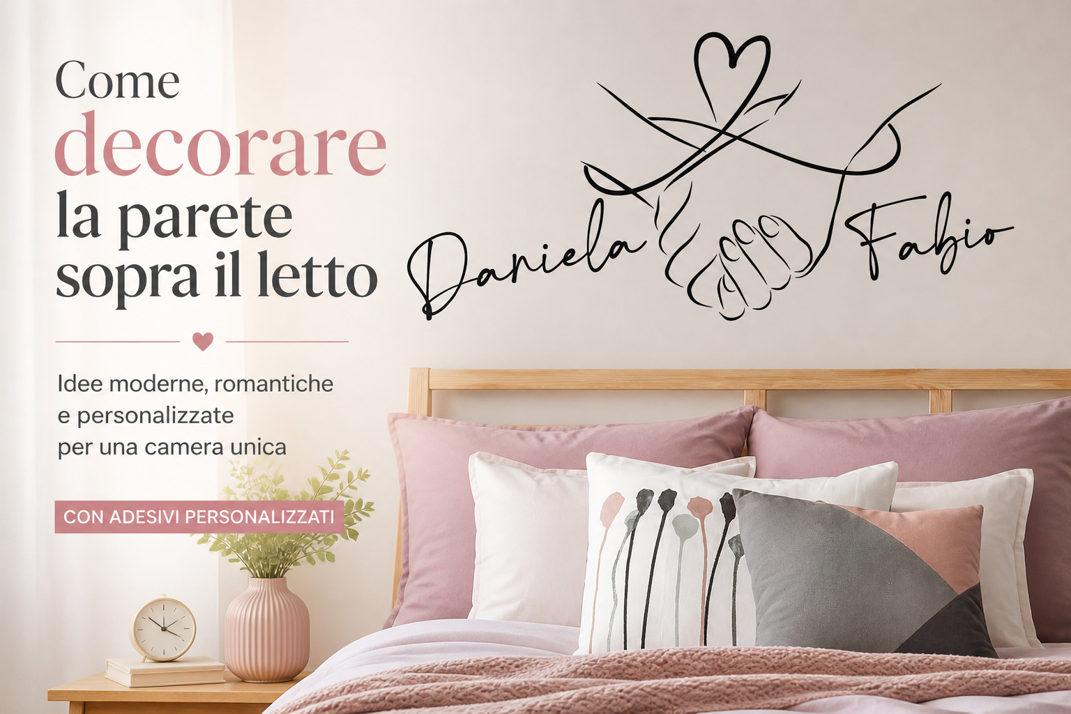 decorare la parete sopra il letto con adesivi murali personalizzati nomi coppia camera da letto