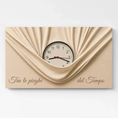 Orologio quadro su tela Tra le pieghe del Tempo con tessuto beige drappeggiato, orologio centrale e frase decorativa.