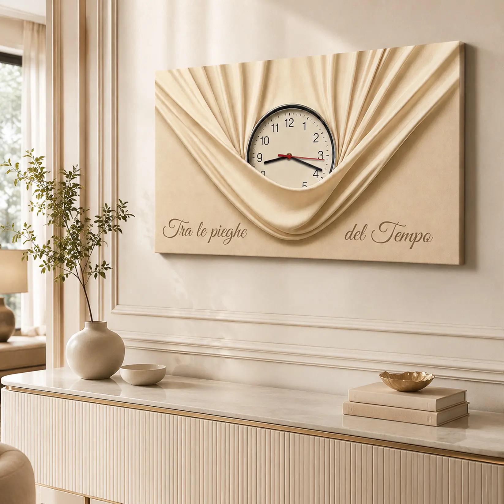 Orologio quadro su tela con frase Tra le pieghe del Tempo visto in prospettiva laterale su parete elegante con consolle chiara.