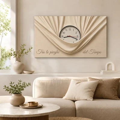 Orologio quadro su tela da appendere con frase Tra le pieghe del Tempo sopra divano beige in soggiorno luminoso ed elegante.