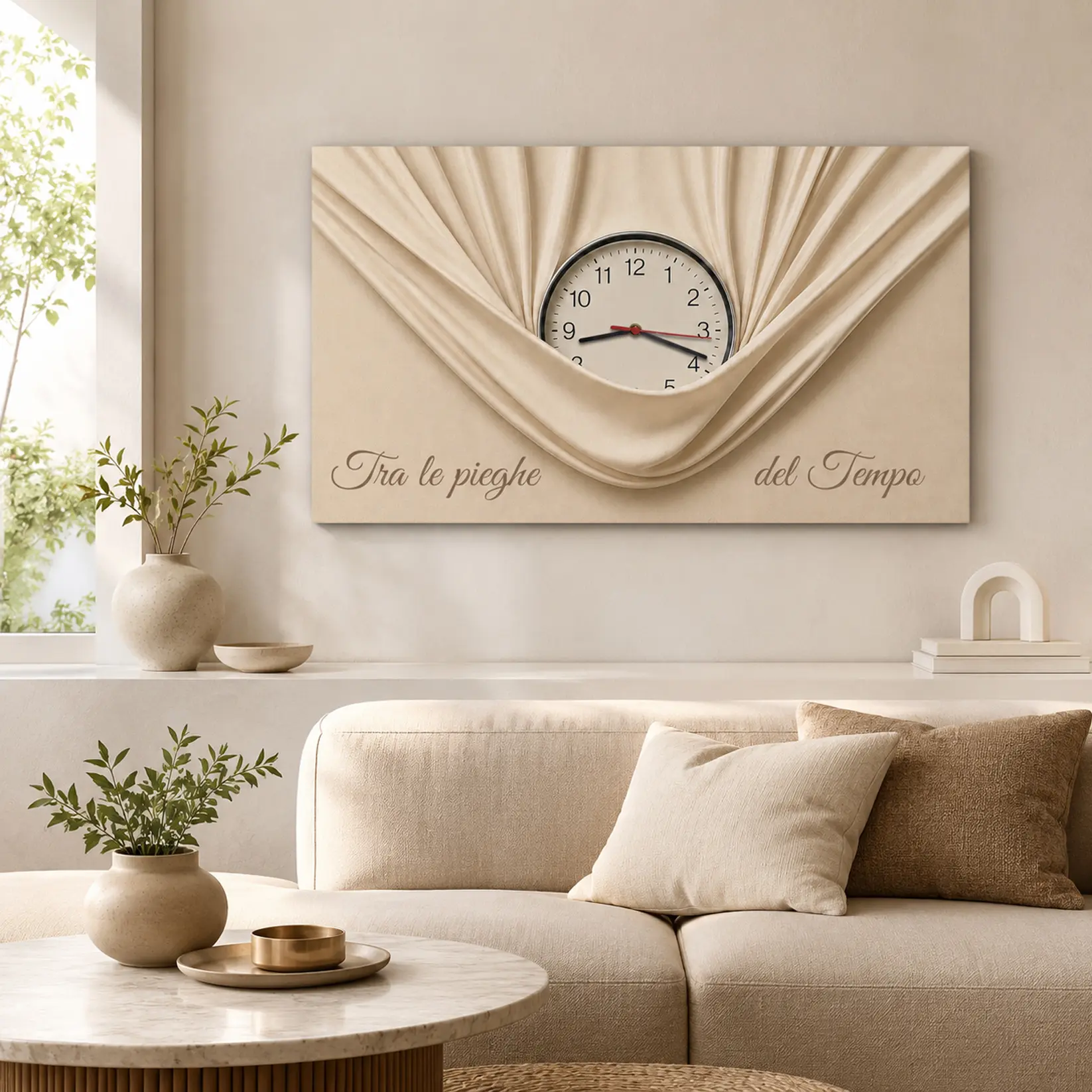 Orologio quadro su tela da appendere con frase Tra le pieghe del Tempo sopra divano beige in soggiorno luminoso ed elegante.