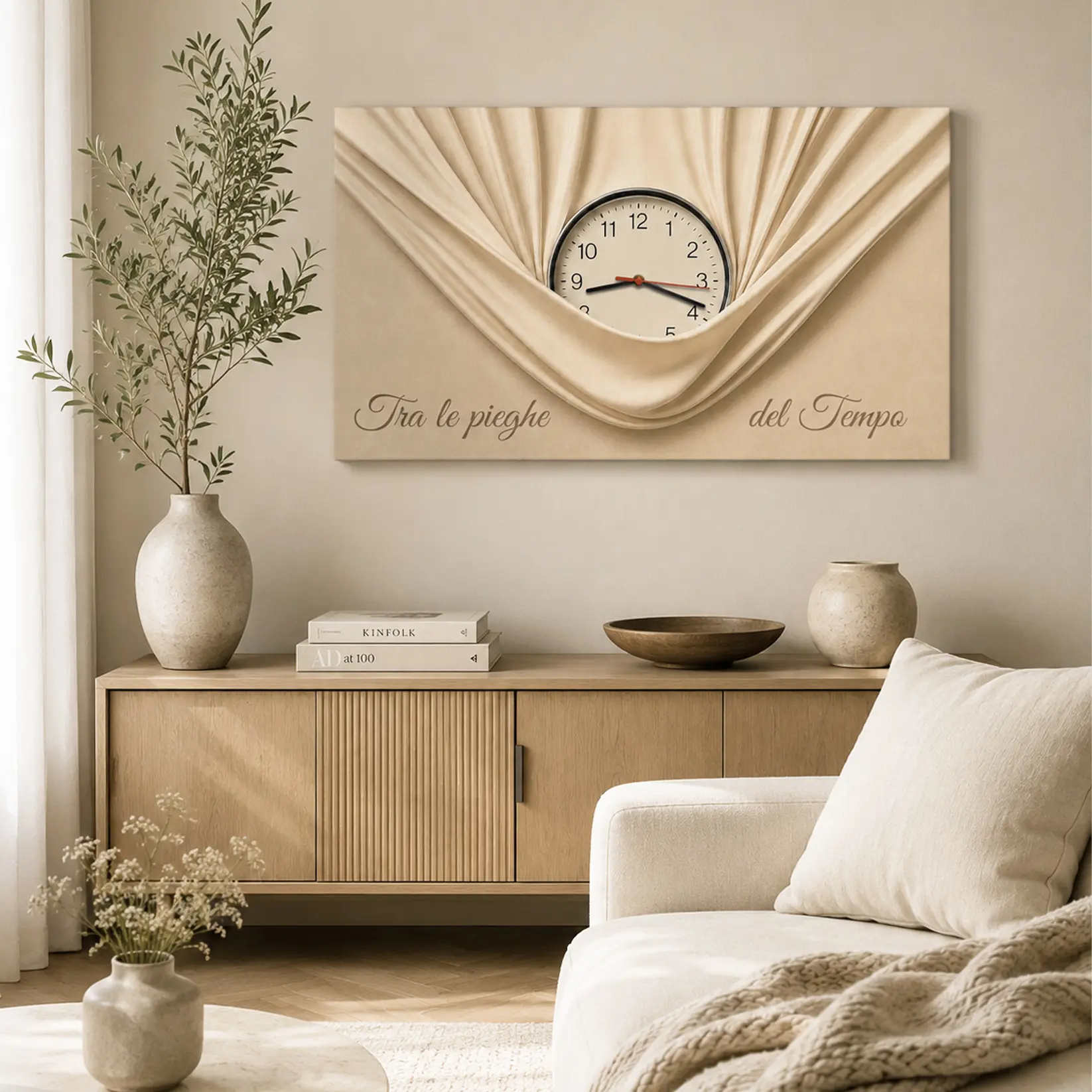 Orologio quadro su tela Tra le pieghe del Tempo ambientato in soggiorno elegante con arredo beige, divano chiaro e stile moderno.