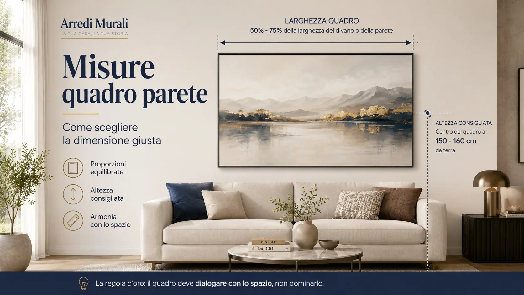 Misure quadro parete con esempio di quadro sopra il divano, indicazioni sulla larghezza ideale e altezza consigliata per appendere un quadro in soggiorno.