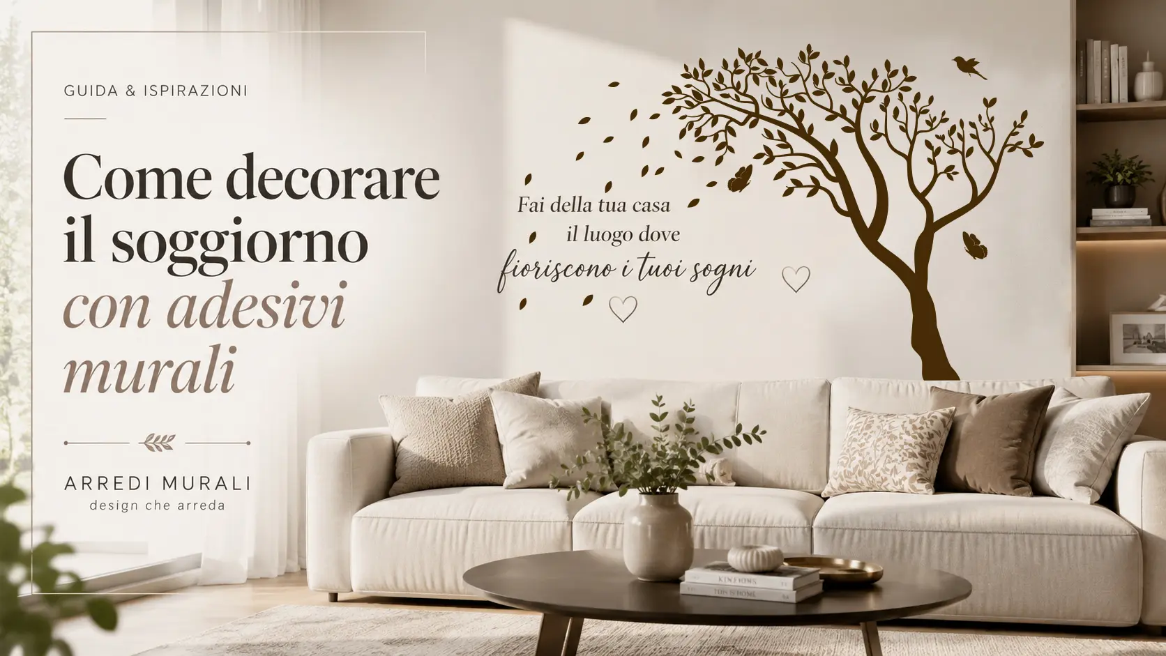 Come decorare il soggiorno con adesivi murali, immagine ambientata con divano beige, ramo adesivo decorativo e frase sulla parete in stile elegante.