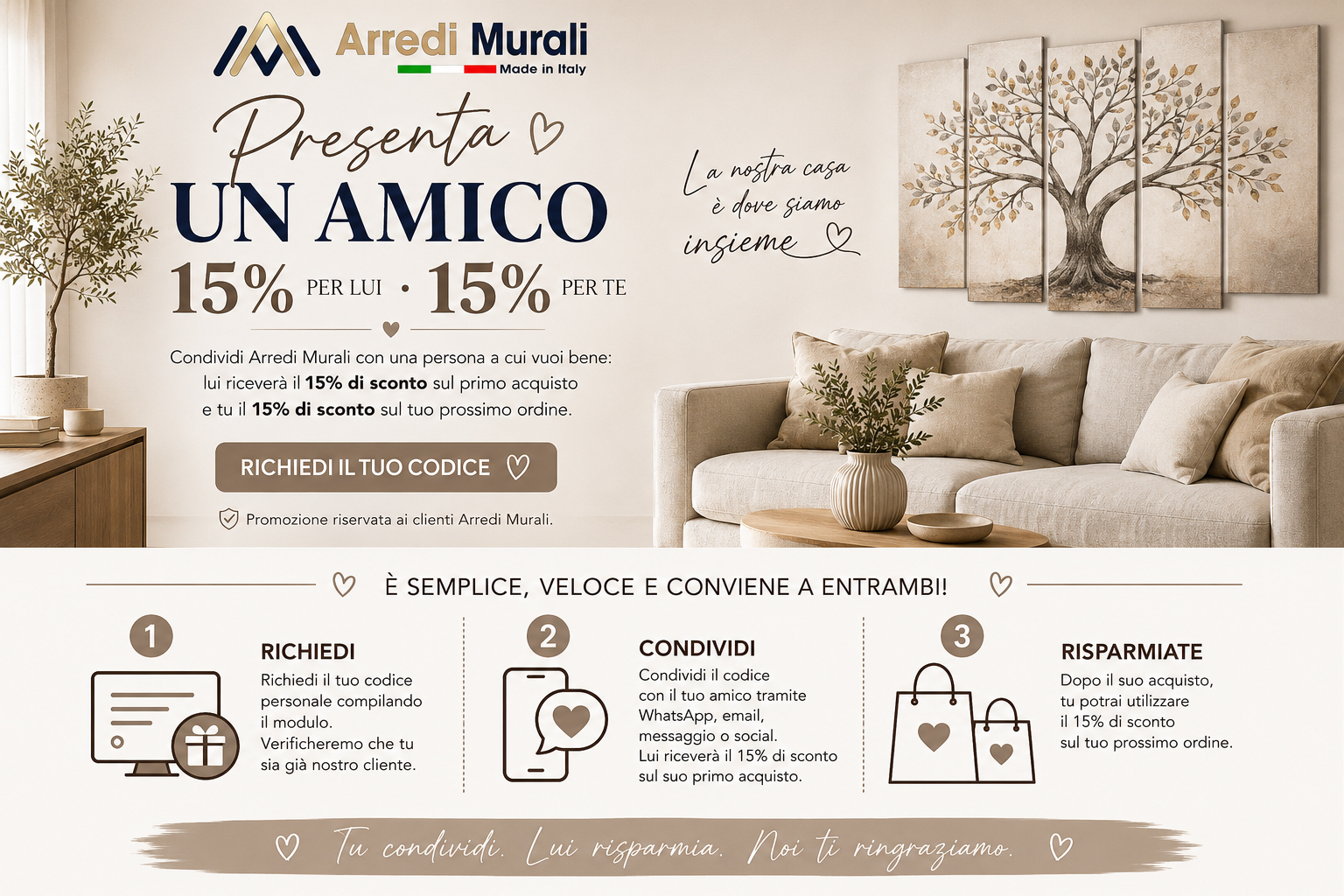 Come funziona Presenta un amico Arredi Murali: richiedi, condividi e risparmiate